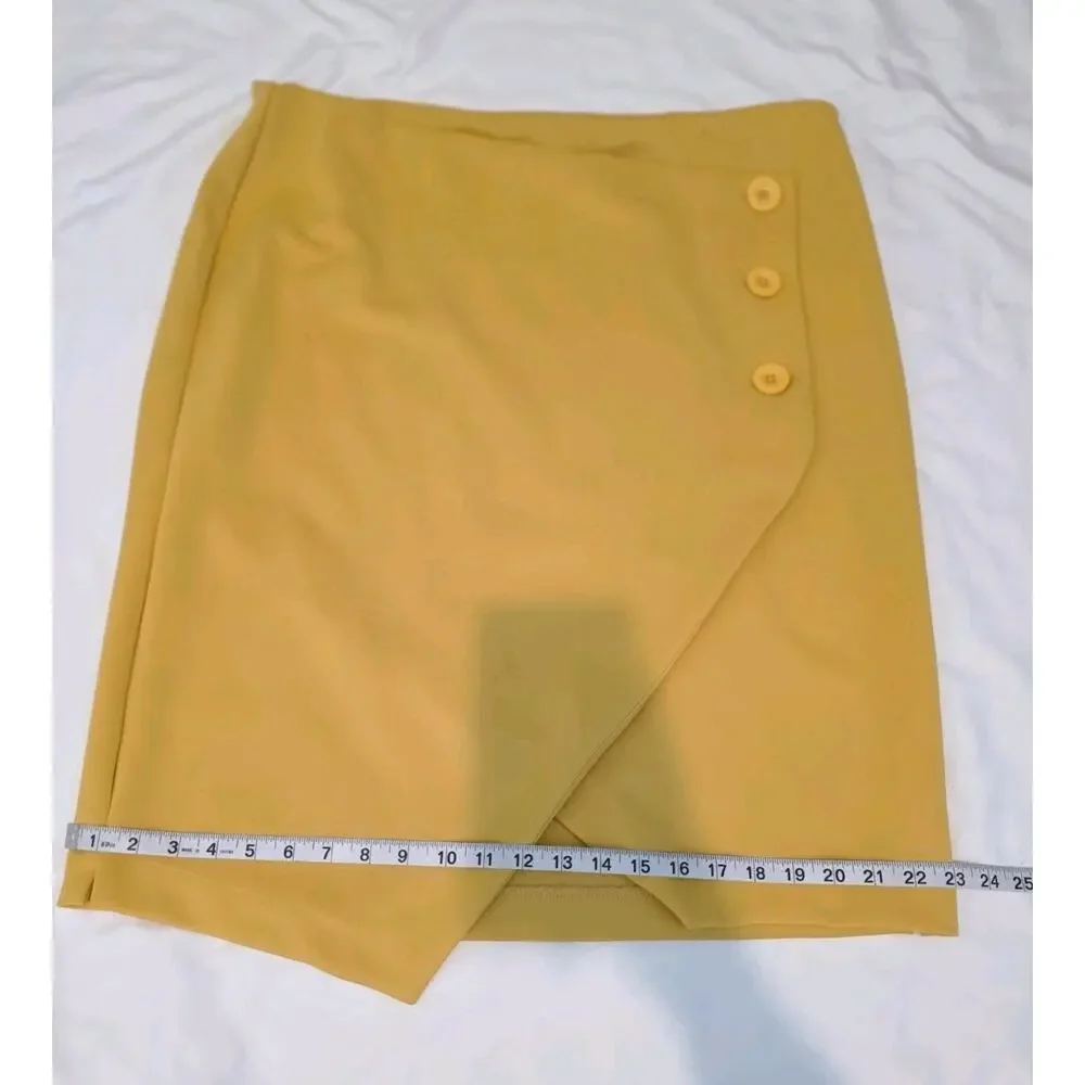 Faux Wrap Pencil Skirt Womens XL Yellow Button Detail Asymmetrical Est 1946 - Picture 5 of 11